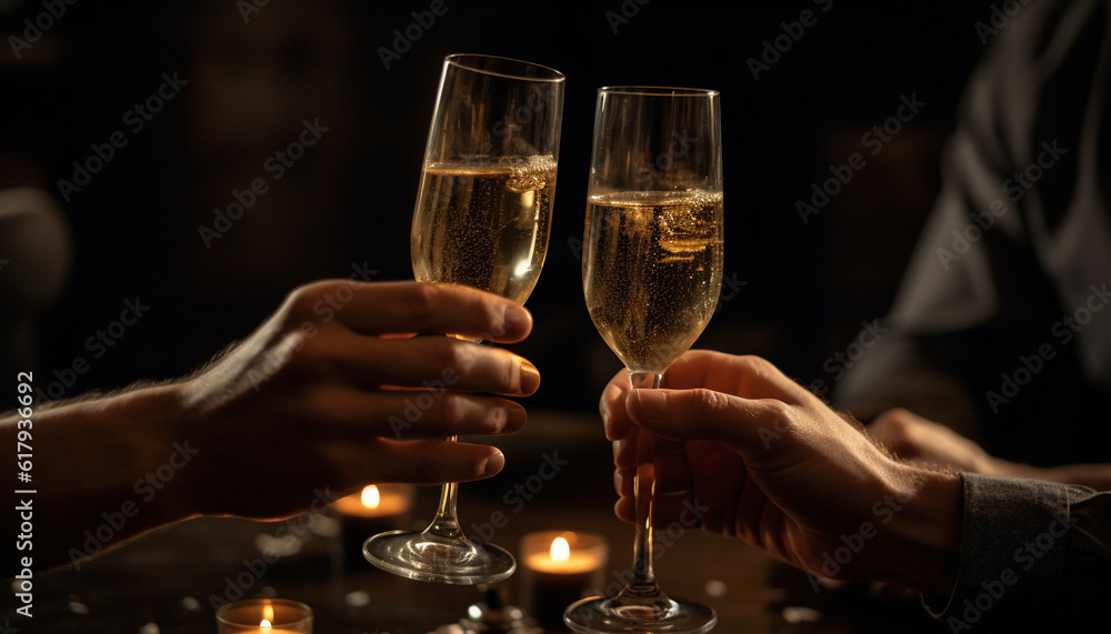 Two adults holding champagne flutes in a celebratory toast generated by AI