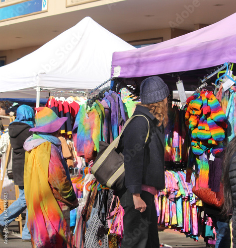 Katoomba, NSW Australia - June 24 2023: Winter Magic Festival. People shopping at the colourful market stalls photo