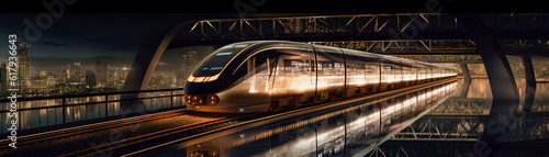 A high-speed train is driving at full speed in the countryside. AI-generated image
