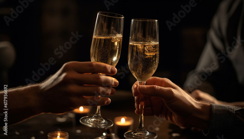 Two adults holding champagne flutes in a celebratory toast generated by AI