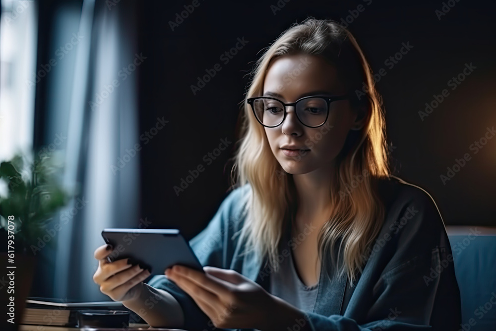 Woman sitting in home office holding credit card, making a purchase - obrazy, fototapety, plakaty 