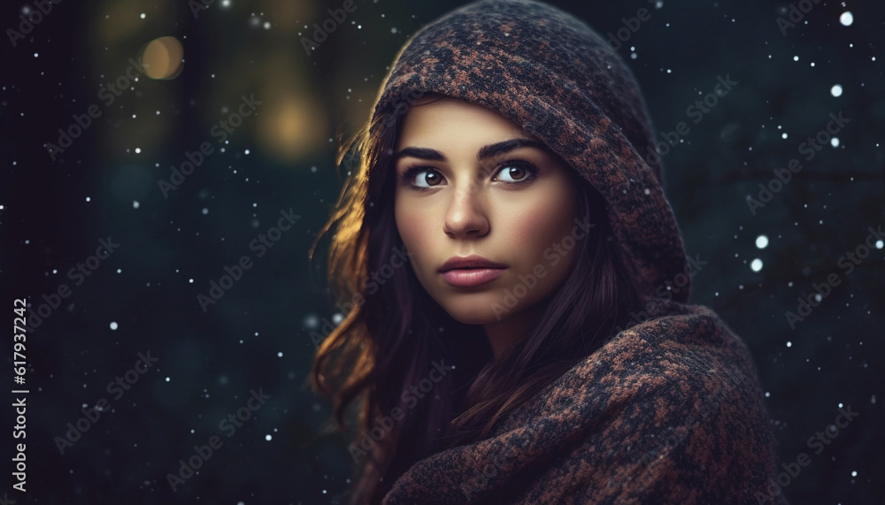 Beautiful young woman in winter fashion, looking outdoors with elegance generated by AI Beautiful young woman in winter fashion, looking outdoors with elegance generated by AI