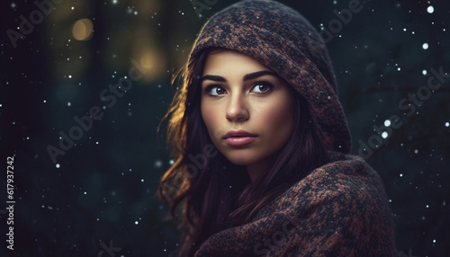 Beautiful young woman in winter fashion, looking outdoors with elegance generated by AI