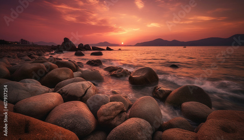 Tranquil sunset over rocky coastline, reflecting beauty in nature waters generated by AI