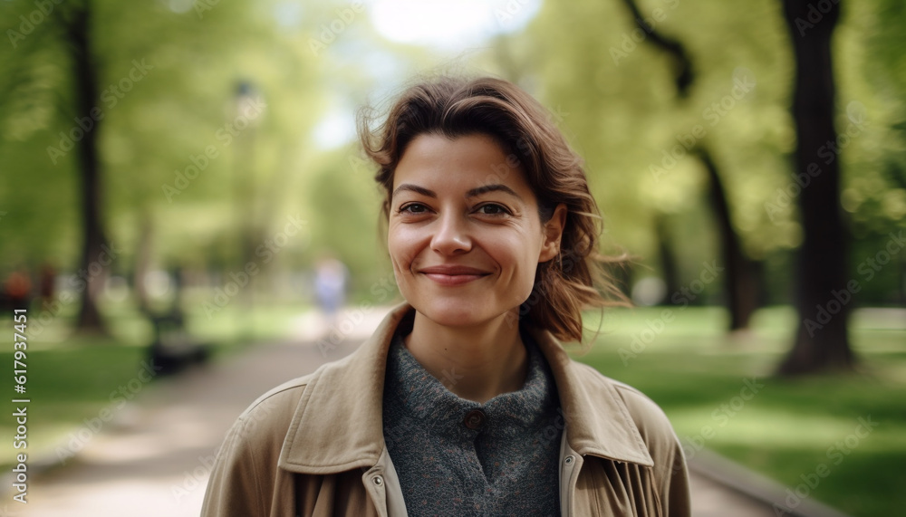 Smiling young woman enjoys carefree leisure activity in autumn forest generated by AI Smiling young woman enjoys carefree leisure activity in autumn forest generated by AI