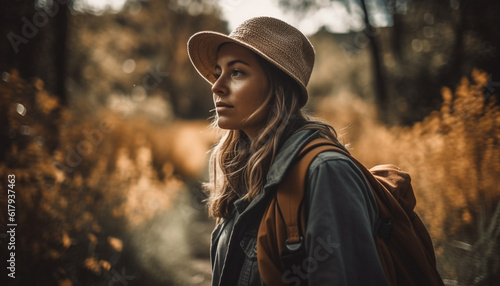 Young woman in autumn forest, enjoying nature beauty and relaxation generated by AI