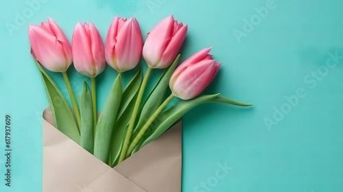 Bouquet of tulips in envelope. Flat lay top view © alexxndr