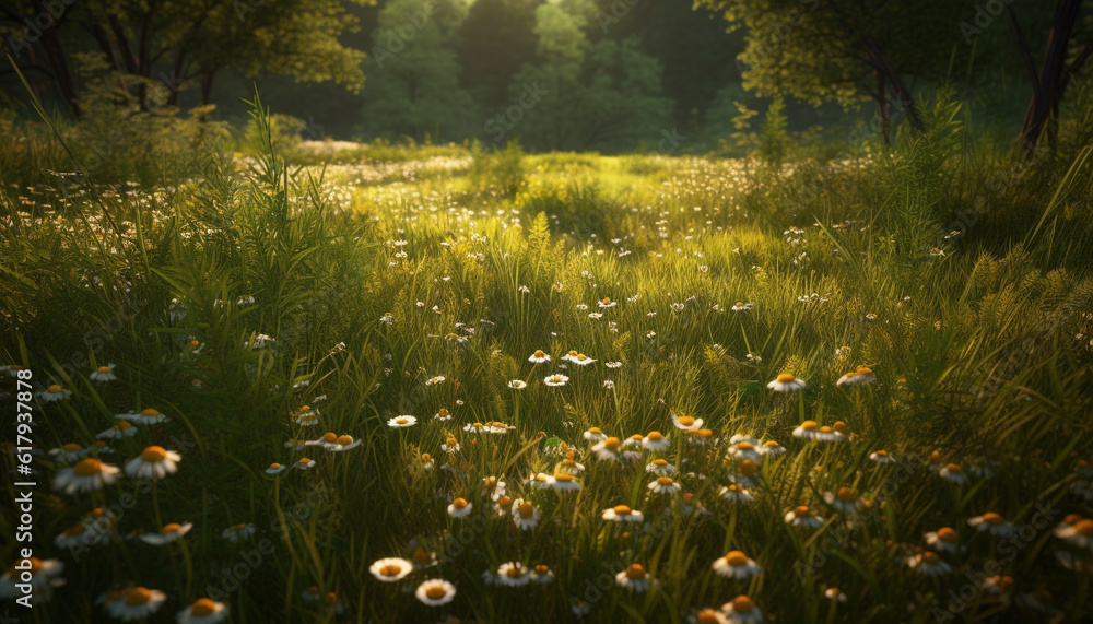 Vibrant wildflowers bloom in tranquil meadow under summer sunlight generated by AI