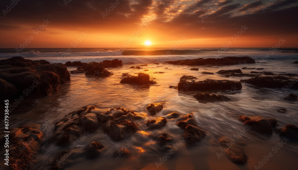 Tranquil sunset over rocky coastline, reflecting dramatic sky multi colored beauty generated by AI Tranquil sunset over rocky coastline, reflecting dramatic sky multi colored beauty generated by AI