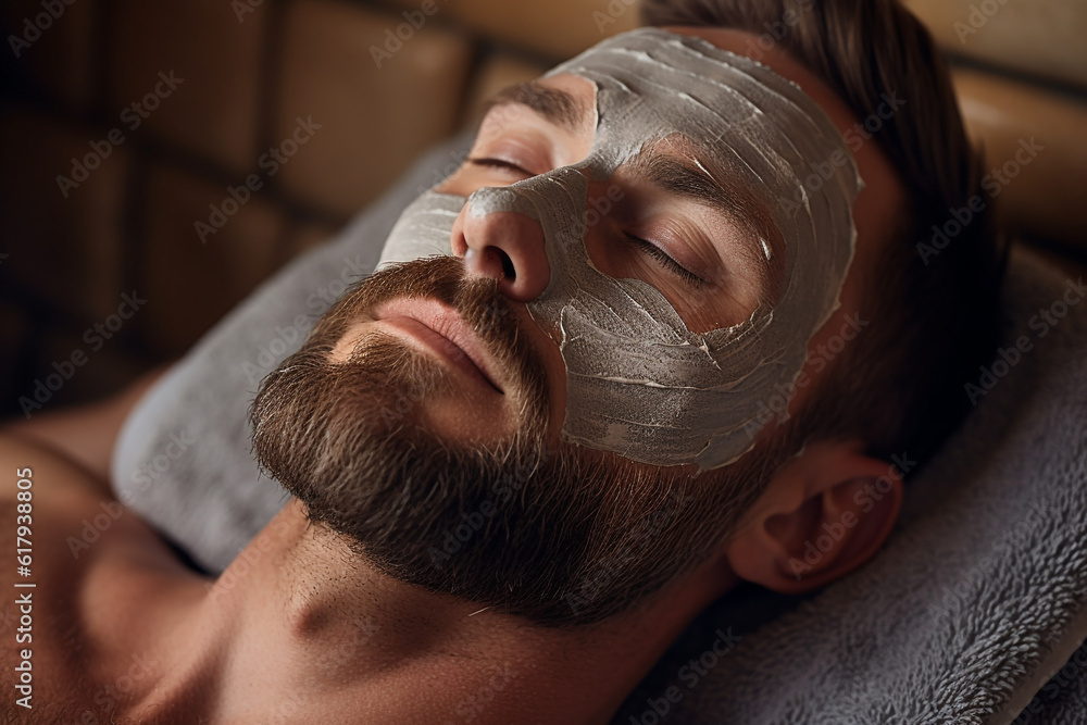 Portrait of a handsome man with a clay facial mask in spa. High quality photo Portrait of a handsome man with a clay facial mask in spa. High quality photo