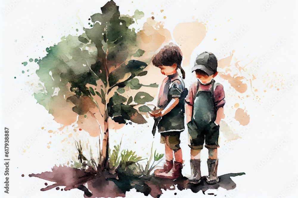 Watercolor Illustration Children Growing Environmental Friendly Trees Generative AI