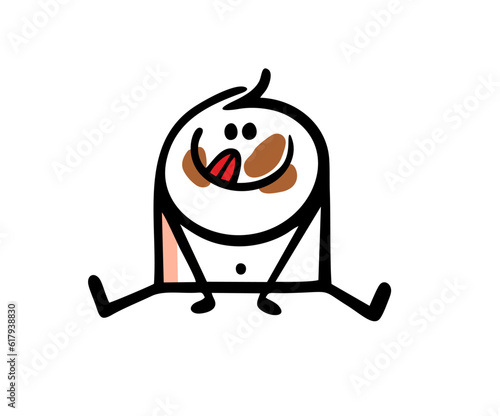 Playful kid is sitting on the floor with his face smeared with chocolate. The child licks the remnants of the sweet dessert from his lips with his tongue.
