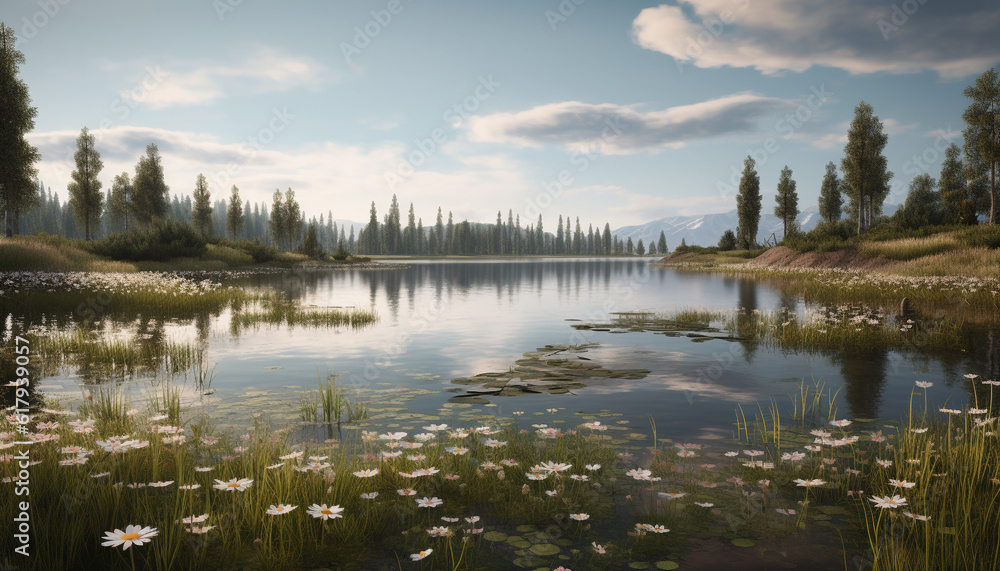 Tranquil scene of a mountain reflecting in a peaceful pond generated by AI