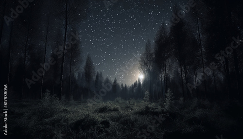 Silhouette of pine tree in spooky forest under starry sky generated by AI