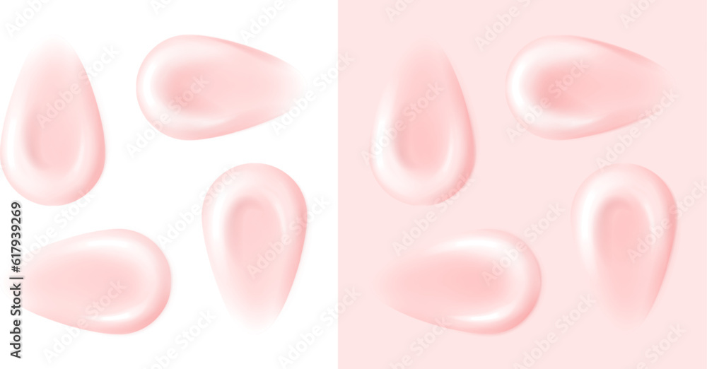 Pink cosmetic cream texture. Skincare lotion smear samples. Gel creme transparent swatches. Vector isolated realistic splash drops. Pink cosmetic cream texture. Skincare lotion smear samples. Gel creme transparent swatches. Vector isolated realistic splash drops.