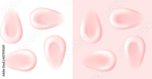 Pink cosmetic cream texture. Skincare lotion smear samples. Gel creme transparent swatches. Vector isolated realistic splash drops.