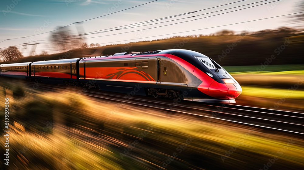 A high-speed train is driving at full speed in the countryside. AI-generated image