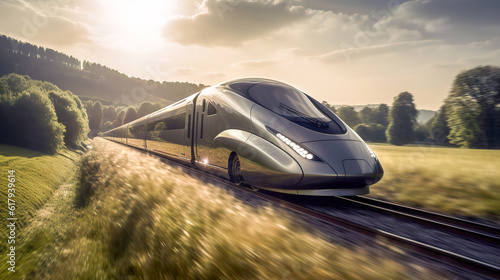 The high-speed train is driving at full speed in the countryside. AI-generated image photo