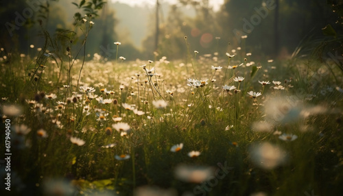 Fresh wildflowers bloom in tranquil meadow at sunrise  nature beauty generated by AI