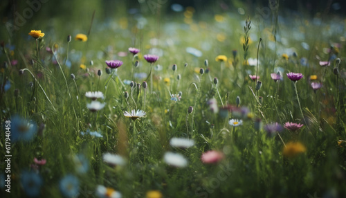 Vibrant wildflowers bloom in tranquil meadow, showcasing nature beauty generated by AI