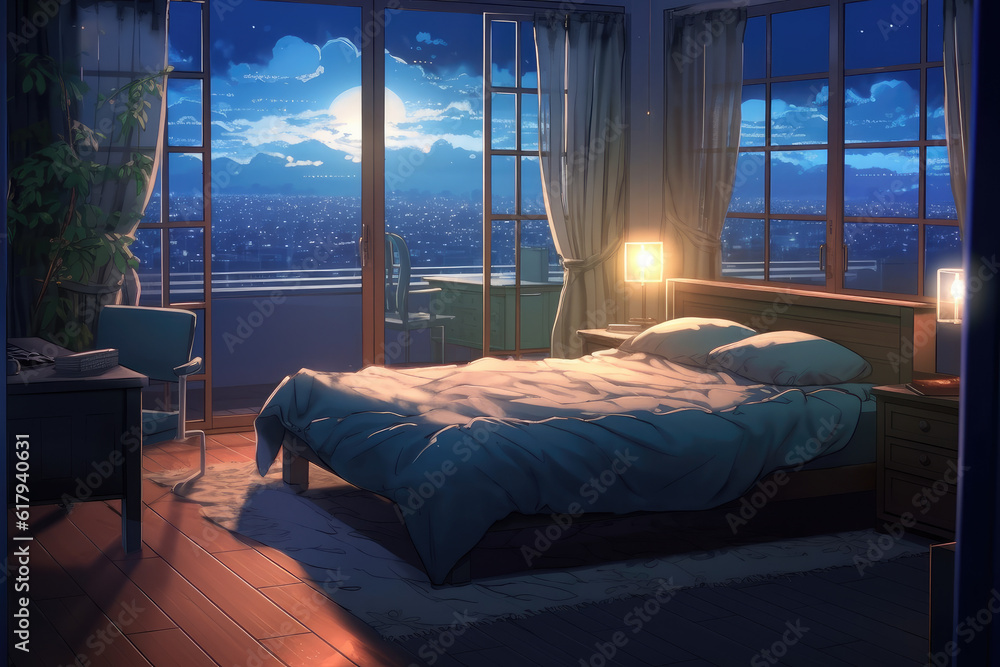 bedroom during night anime style background Stock Illustration