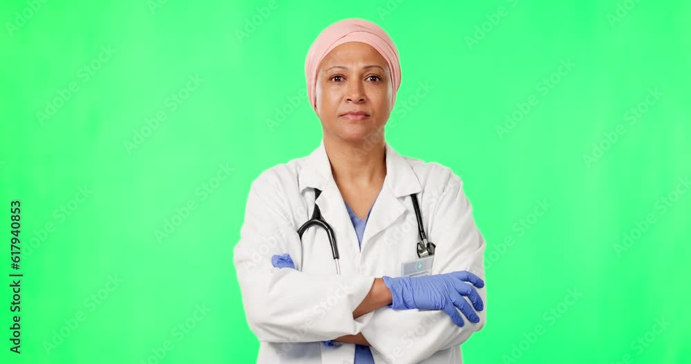 Green screen, Muslim woman and doctor with arms crossed, face and wellness against a studio background. Portrait, female person and medical expert professional with confidence and pride in healthcare Green screen, Muslim woman and doctor with arms crossed, face and wellness against a studio background. Portrait, female person and medical expert professional with confidence and pride in healthcare