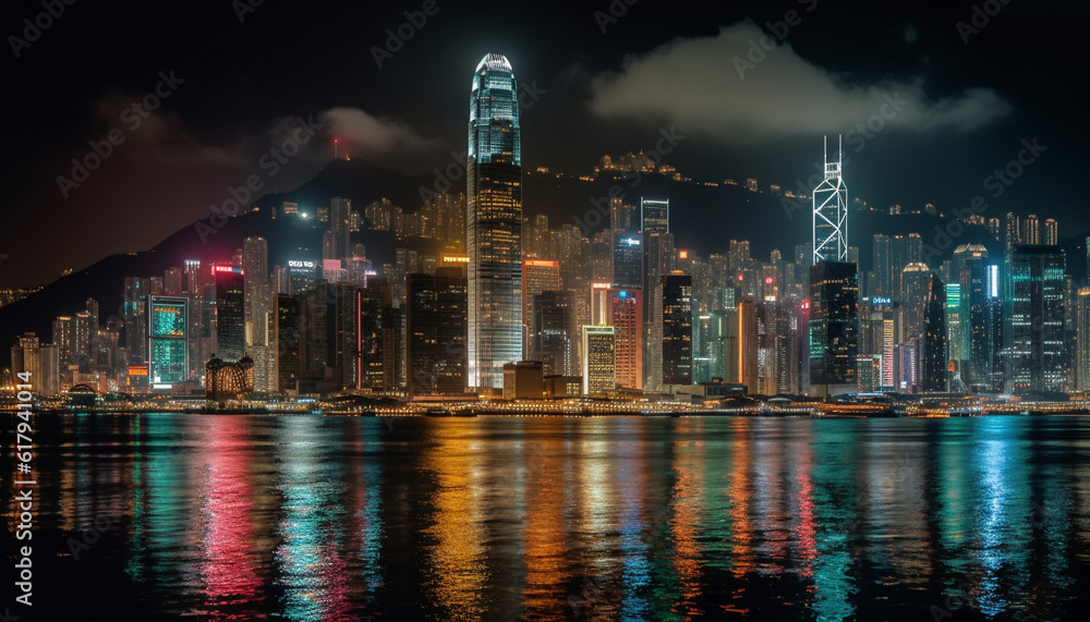Naklejka premium Modern skyline illuminates waterfront, reflecting city life at dusk generated by AI