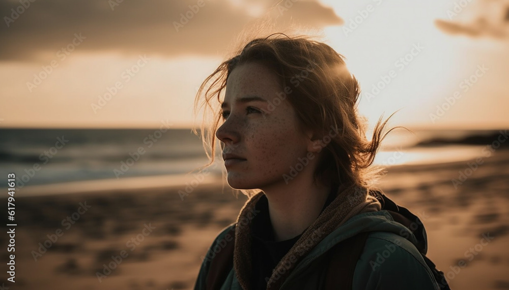 One woman smiling, looking away, enjoying carefree vacation adventure generated by AI One woman smiling, looking away, enjoying carefree vacation adventure generated by AI
