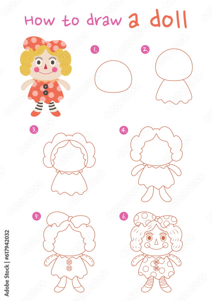 How to draw a doll vector illustration. Draw girl doll step by step