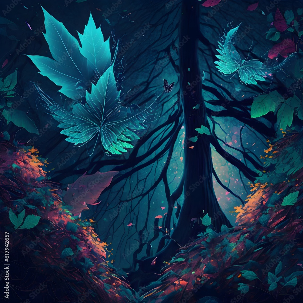 Leaves of trees in a magical fantasy forest  - obrazy, fototapety, plakaty 
