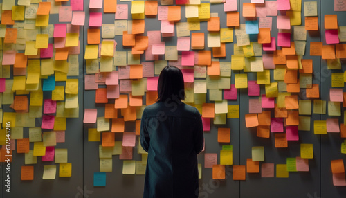 Business professionals brainstorming ideas on colorful adhesive notes indoors generated by AI