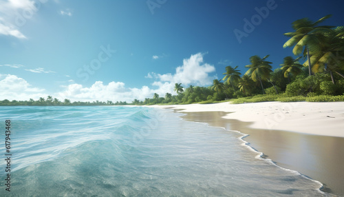 Idyllic tropical coastline  palm trees sway in turquoise waters generated by AI