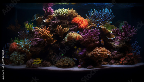 Multi colored fish swim in a vibrant underwater reef landscape generated by AI