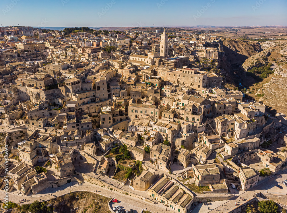 View from above, stunning aerial view of the Matera s skyline during a beautiful sunrise. Matera is a city on a rocky outcrop in the region of Basilicata