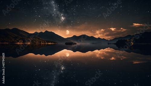 Majestic mountain range reflects tranquil Milky Way in autumn twilight generated by AI