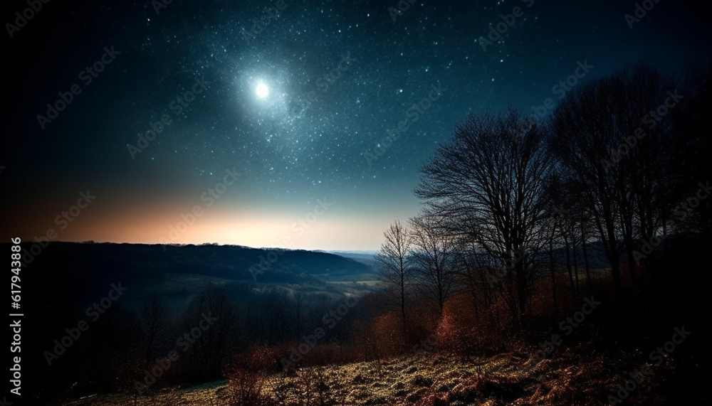 Tranquil night sky illuminates star trail over mountain range silhouette generated by AI Tranquil night sky illuminates star trail over mountain range silhouette generated by AI
