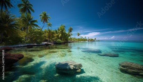 Idyllic Caribbean coastline, turquoise waves, palm trees, tranquil beauty generated by AI © Jemastock