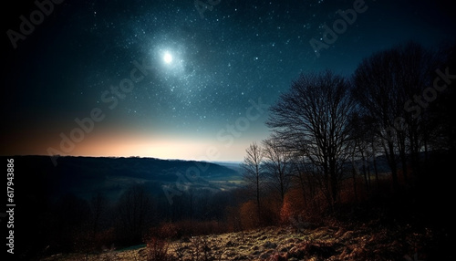 Tranquil night sky illuminates star trail over mountain range silhouette generated by AI