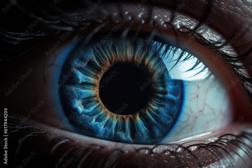 Close blue up of a human eye. A macro of a multi colored eye. Generative AI