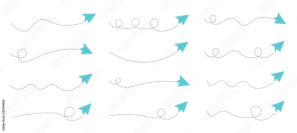 Set of dashed line paper airplane route Set of dashed line paper airplane route