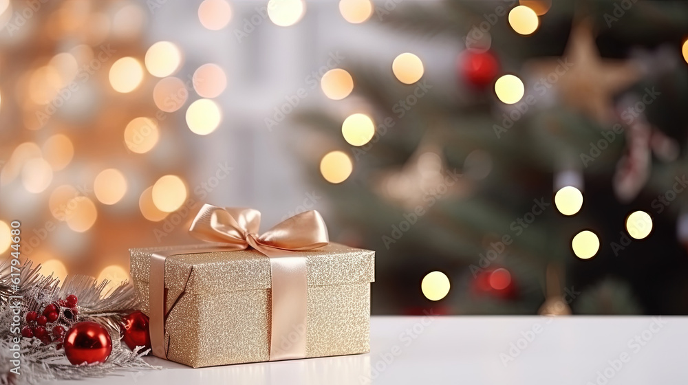 Christmas coziness in a room on a light background, with lights and branches of a Christmas tree and a gift with a red bow on the table, space for text