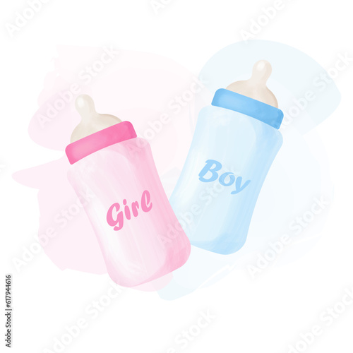 Gender reveal banner with blue and pink watercolor feeding bottles. Boy or girl. He or She. Vector illustration	