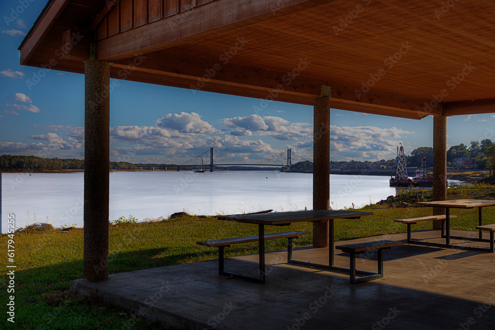 Smooth Mississippi.  The Mississippi River from a pavilion in  the Red Star Landing in Cape Girardeau, Missouri 
