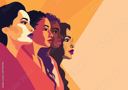 Vector flat creative banner for International Women's Day, women of different cultures and nationalities stand side by side together. Vector concept of movement for gender equality and women empowerme