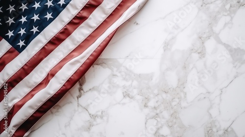 America flag banner on white marble background. Generative AI