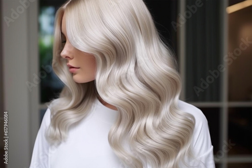 young woman with perfect blond hair in wavy styling in beauty salon after service. Banner or poster. Social media content for beauty salons. Generative AI
