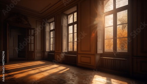 Modern apartment with old fashioned design, bright sunlight illuminates empty rooms generated by AI