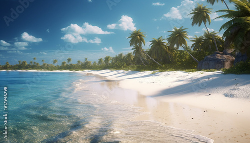 Idyllic palm tree landscape, tranquil Caribbean waters edge beauty generated by AI © Jemastock