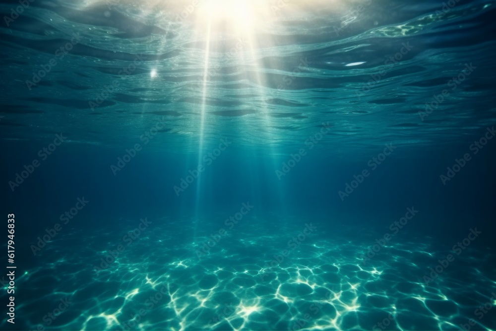 Transparent water, underwater sea background. Mockup or backdrop with sunbeams under water. AI generated, human enhanced