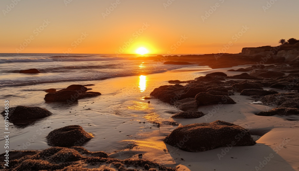Golden sun sets over tranquil waters, reflecting nature beauty generated by AI Golden sun sets over tranquil waters, reflecting nature beauty generated by AI
